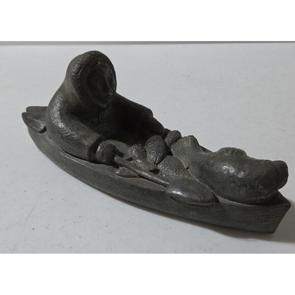 Other - Signed WE Edmond Wolf Handmade Soapstone Eskimo Kayak Catch Of Day 10" Figurine